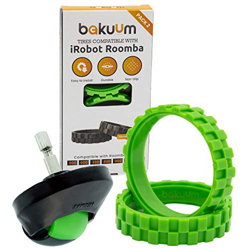 BAKUUM Pack 2 Neumáticos + Rueda Delantera Color Verde para iRobot Roomba Series 500 600 700 800 900 i7 e5. Gran adherencia, antideslizante