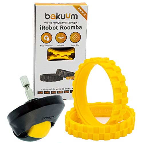 Pack 2 neumáticos + Rueda Delantera Color Amarillo para iRobot Roomba Series 500 600 700 800 900 i7 e5. Gran adherencia, antideslizante